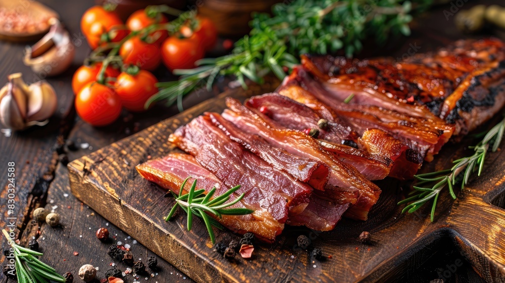 Composition of smoked bacon on wooden table