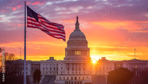 United States Capitol buildings and usa flag hung in a pole and flutters at sunset, patriotic scene, iconic architecture, cinematic view with cloudy sky, national symbol, Washington D.C , political 