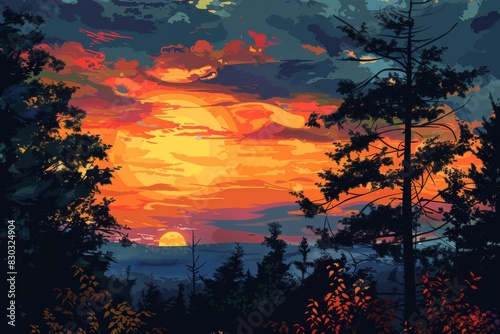 Painting of a sunset in the woods with trees and clouds