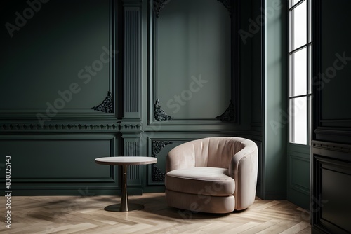 Sophisticated room with dark green wall, intricate moldings, plush armchair, and large window Luxurious ambiance