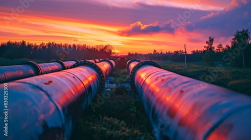 A series of pipes are shown in a sunset