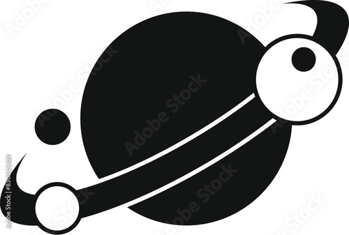 Simplistic black and white vector artwork depicting planets in orbit