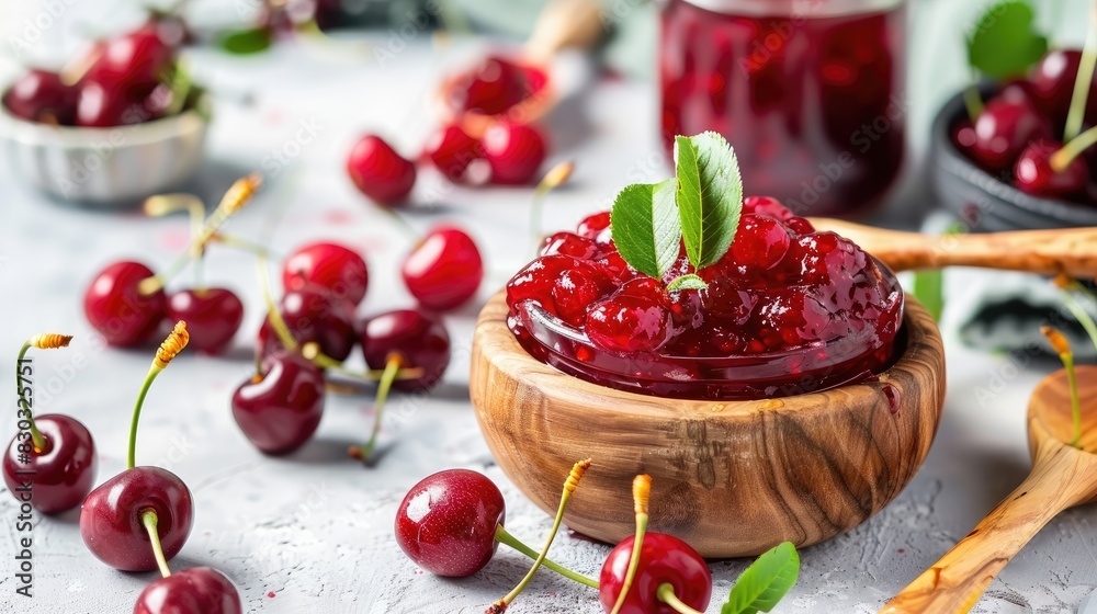 Cherries in wooden bowl on white table with cherry jam in background Cherries in wooden bowl on white table with cherry jam in background