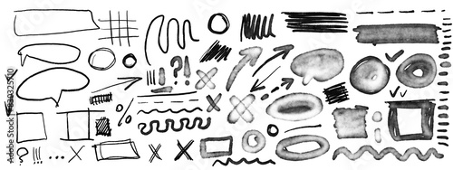 Set of different pencil marker ink black scribble doodle hand drawn speech bubbles arrows signs figures shapes isolated on white background