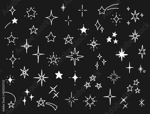 手書き風のキラキラや星のイラストのセット　白い線画バージョン