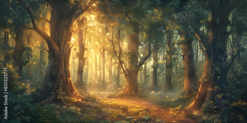 Illustration of a Forest with Sunlight, Summer