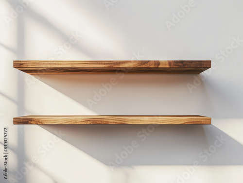 Empty two wooden shelves on white wall, modern interior.