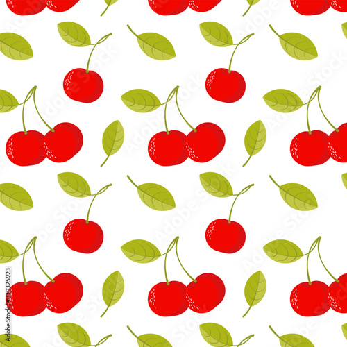 Summer fruit seamless pattern with cherry and leaves. Vector illustration in flat style on white background