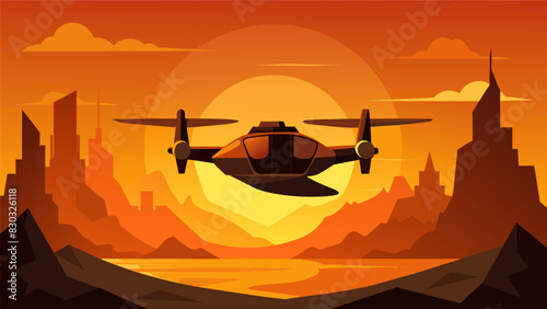 The futuristic silhouette of an electric air taxi against a blazing desert sunset symbolizing the transition towards a greener aviation industry.. Vector illustration