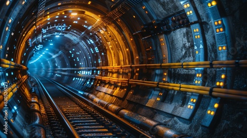 Futuristic blue illuminated subway tunnel with rail tracks
