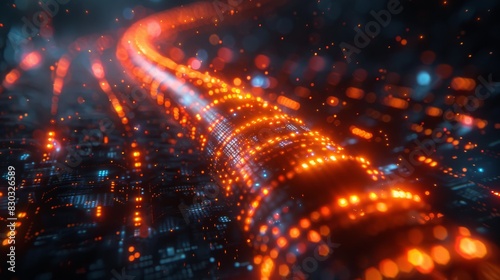 Futuristic cityscape with glowing red data streams
