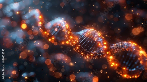 Sparkling DNA strand with glowing particles in dark background