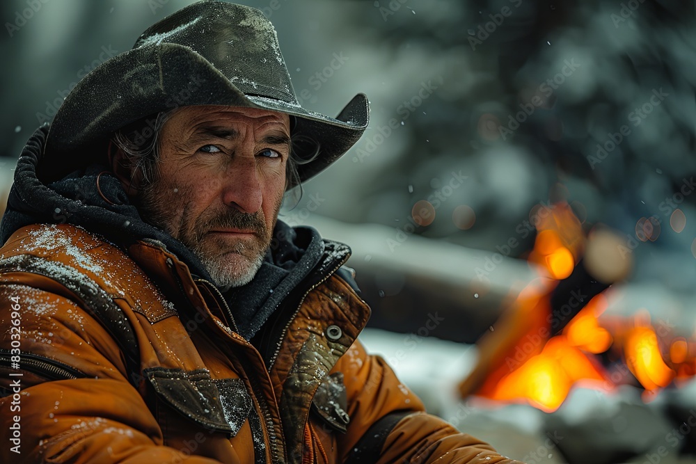 Fototapeta premium Nighttime Serenade: The Charismatic Cowboy Ethereal Campfire Scene