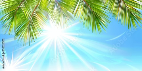 Tropical paradise with sun shining through palm leaves