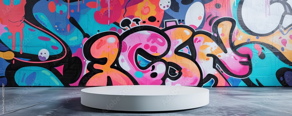 Fototapeta premium Funky pop art podium with vibrant graffiti-styled background