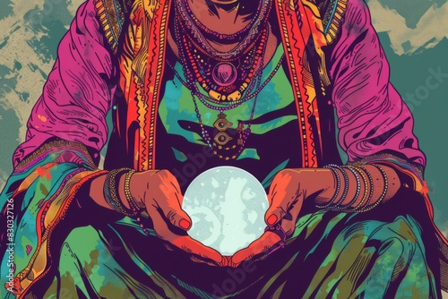 Illustration of a woman holding a crystal ball with a full moon in her hands, fortune teller concept  photo