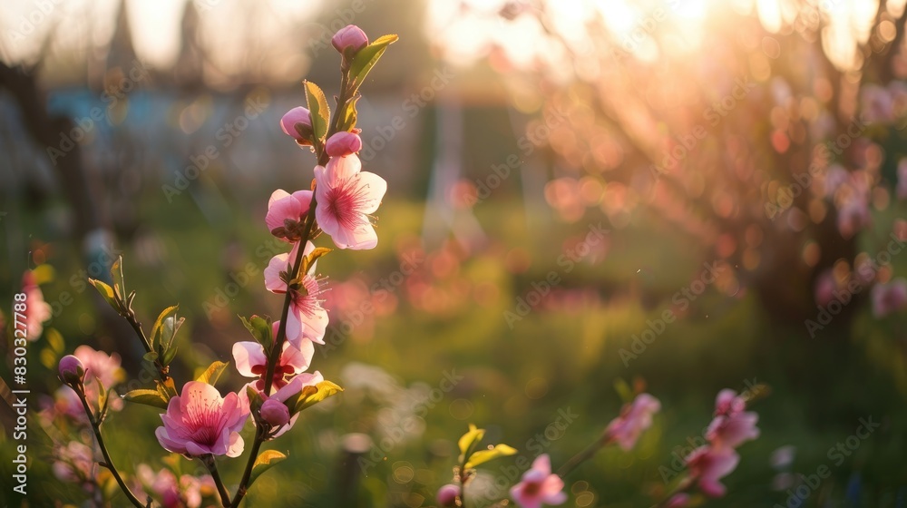 Spring garden with blooming peach tree and pink flowers in blurred background Spring garden with blooming peach tree and pink flowers in blurred background