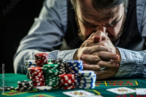 Man that is sitting at a table with some poker chips, gambling concept 