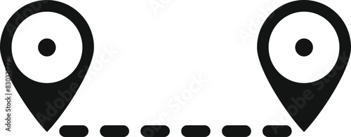 Simple black and white graphic showing route between two locations marked by pins