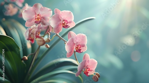 Close-up of a potted orchid  concept of realistic modern interior design