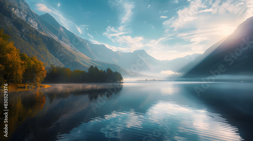 Tranquil Lake Reflections at Sunrise Surrounded by Majestic Mountains and Rich Forest