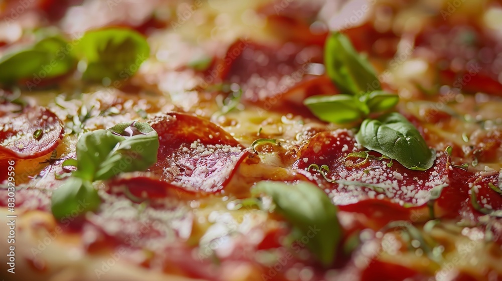 A pizza close up, food design, dynamic, dramatic compositions, with copy space