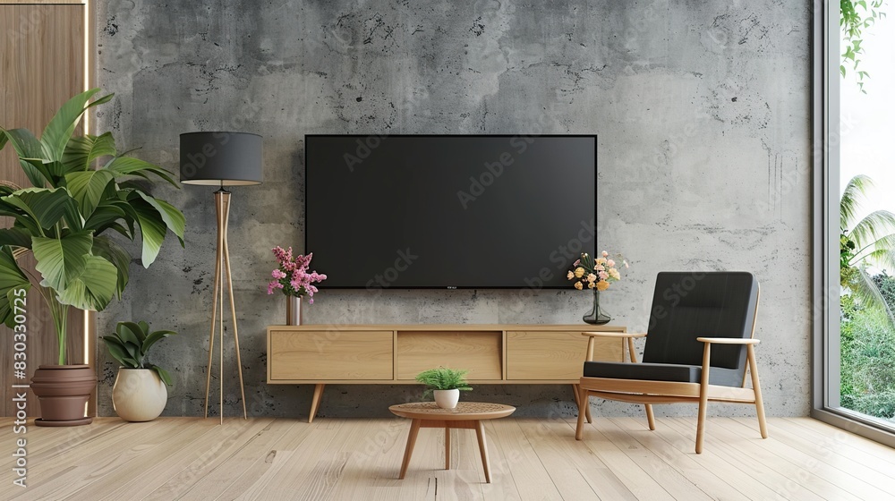 Cabinet TV in modern living room with armchair,lamp,table,flower and plant concrete . Generative Ai Cabinet TV in modern living room with armchair,lamp,table,flower and plant concrete . Generative Ai