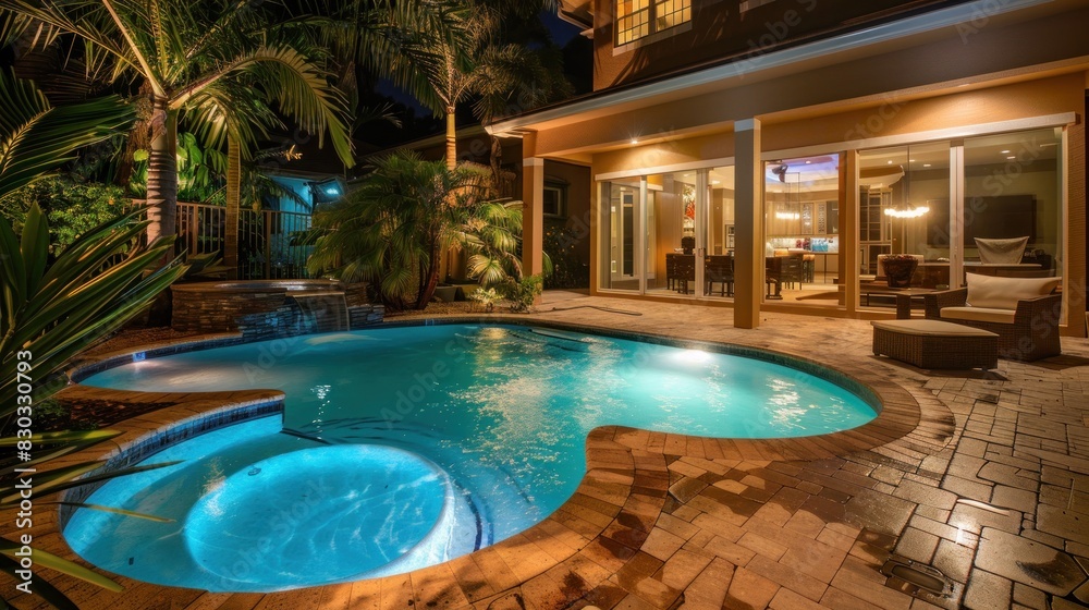 Luxury salt water pool and patio at night.