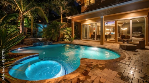 Luxury salt water pool and patio at night.