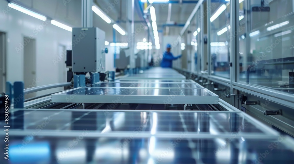 A factory floor with a worker in a blue shirt A factory floor with a worker in a blue shirt