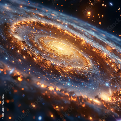 A spiral galaxy with a bright yellow center. The galaxy is surrounded by a blue and orange swirl. The colors and patterns create a sense of movement and energy