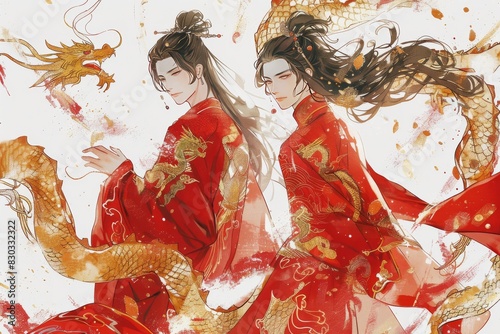 Two handsome anime men, one with long hair and the other short, wear red hanfu with golden dragon patterns on a white background, in the celestialpunk style of gongbi painting, inspired by the Yuumei  photo