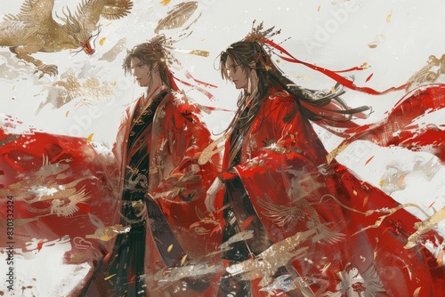 Two handsome anime men, one with long hair and the other short, wear red hanfu with golden dragon patterns on a white background, in the celestialpunk style of gongbi painting, inspired by the Yuumei  photo