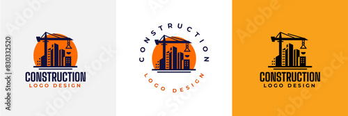 Construction logo design. Crane and Building logo for construction company.  Modern luxury building construction logo. Real Estate Vector Logo Design 