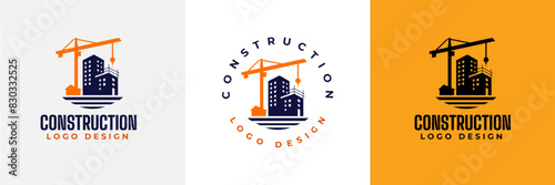 Construction logo design. Crane and Building logo for construction company.  Modern luxury building construction logo. Real Estate Vector Logo Design 