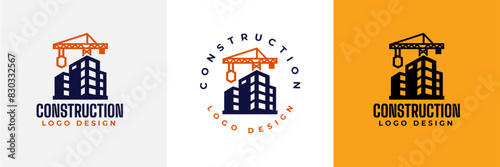 Construction logo design. Crane and Building logo for construction company.  Modern luxury building construction logo. Real Estate Vector Logo Design 