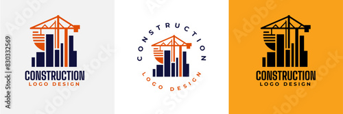 Construction logo design. Crane and Building logo for construction company.  Modern luxury building construction logo. Real Estate Vector Logo Design 