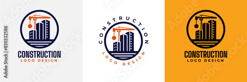 Construction logo design. Crane and Building logo for construction company.  Modern luxury building construction logo. Real Estate Vector Logo Design 