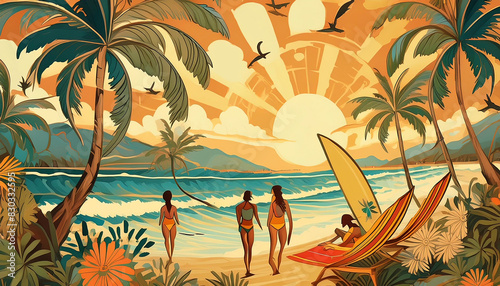 Illustration of beach scene with surf boards and oversized sun