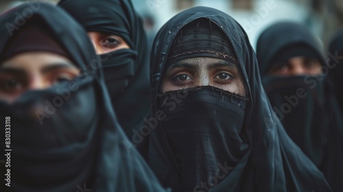 Intense portrait of women in black niqabs, totally covered, eyes speaking volumes, themes of woman in Islam, culture, identity, and diversity.