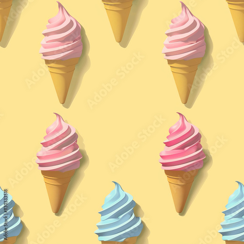 Ice cream in a cone on a light yellow background. Seamless background