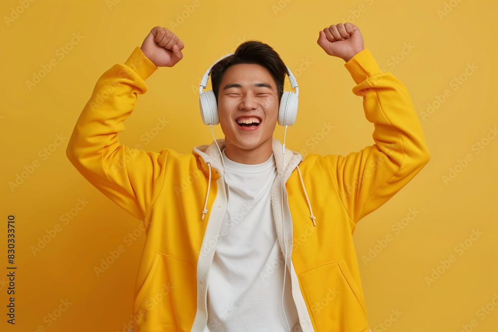 Obraz premium Man Wearing Headphones and Yellow Jacket