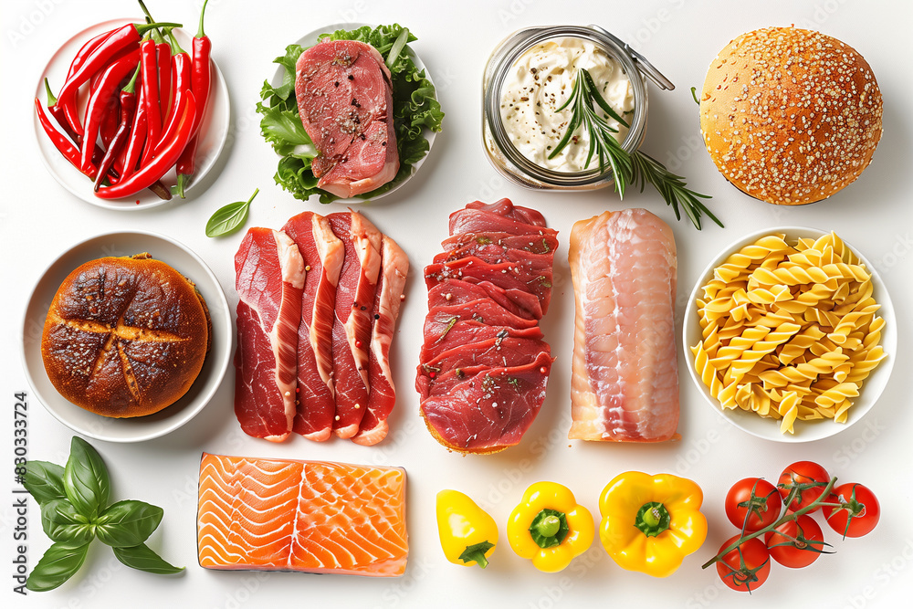 Variety of Fresh Meats and Vegetables on a White Background in Daylight