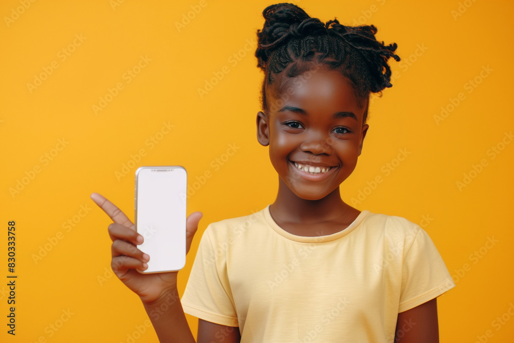 Woman Holding Cell Phone Against Yellow Background Woman Holding Cell Phone Against Yellow Background