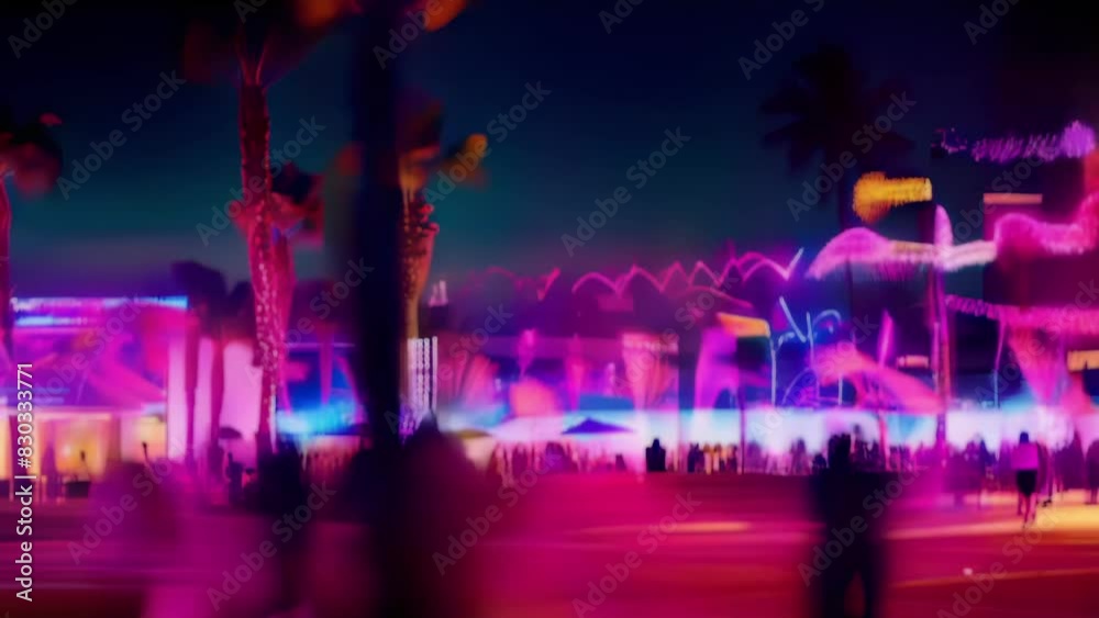 A Blurred Night Scene With Palm Trees and Neon Lights, Perfect for Music Festival, Party, Nightlife and Event Promotions. 4K Seamless Loop Video A Blurred Night Scene With Palm Trees and Neon Lights, Perfect for Music Festival, Party, Nightlife and Event Promotions. 4K Seamless Loop Video