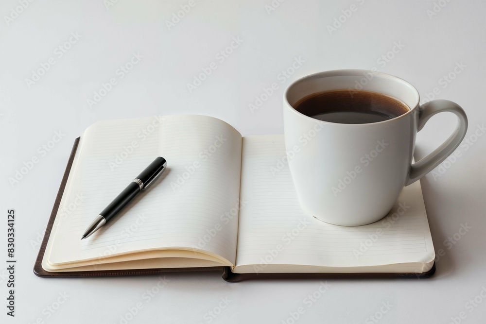 Open notebook with pen and coffee on a white background Open notebook with pen and coffee on a white background