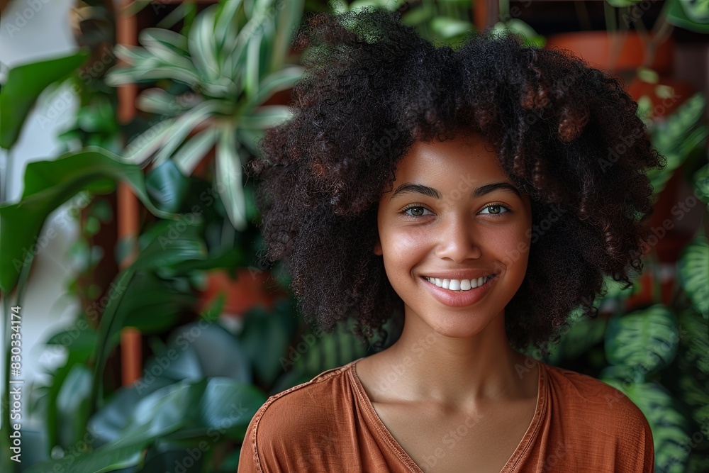 Smiling Woman with Plants: Warm Happiness Illustration Smiling Woman with Plants: Warm Happiness Illustration