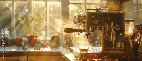 At the heart of a sunlit kitchen, a vintage espresso machine hisses and sputters to life photo