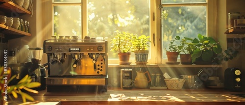 At the heart of a sunlit kitchen, a vintage espresso machine hisses and sputters to life photo