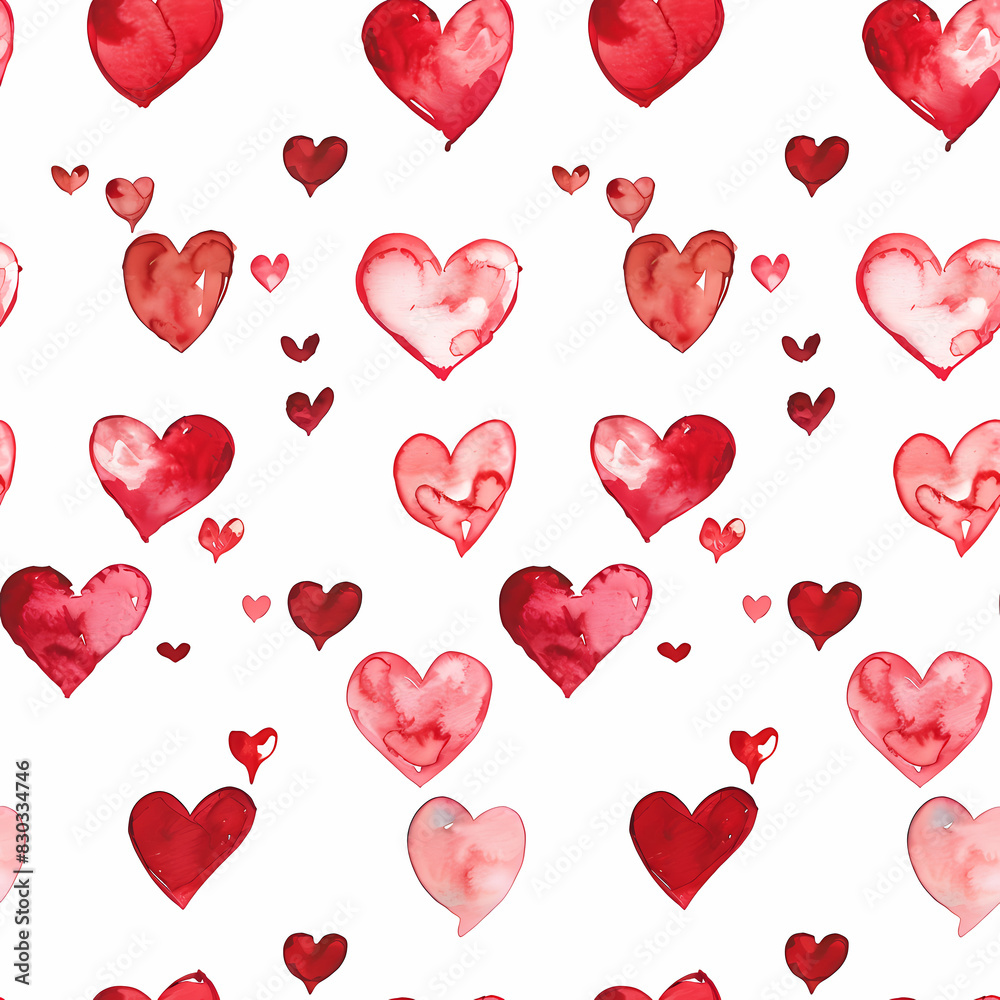 Watercolor Red Heart Seamless Pattern on White Background - Romantic Design for Valentine's Day